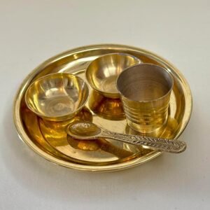 Brass Mini Prasad Thali Set 5 Items- Thali, 2 pcs Katori, Glass, Spoon