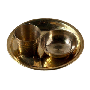 Brass Mini Prasad Thali Set 3 Items- Thali, Katori, Glass