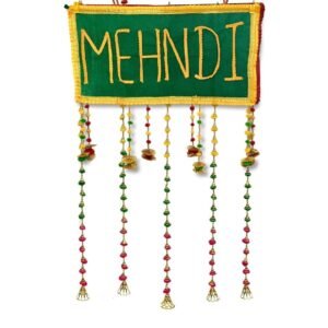 Mehendi Backdrop Décor Set F – Velvet Banner with Colourful Pom-Pom Streamers