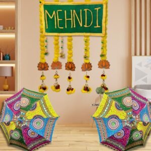 Luxury Mehendi Backdrop Combo – Velvet Banner, Marigold Streamers & Umbrellas