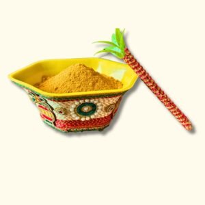 Decorated White Haldi Bowl with Sticks & Haldi Mix