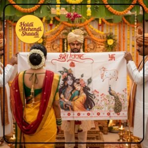 antarpat wedding cloth held in front of groom Bride