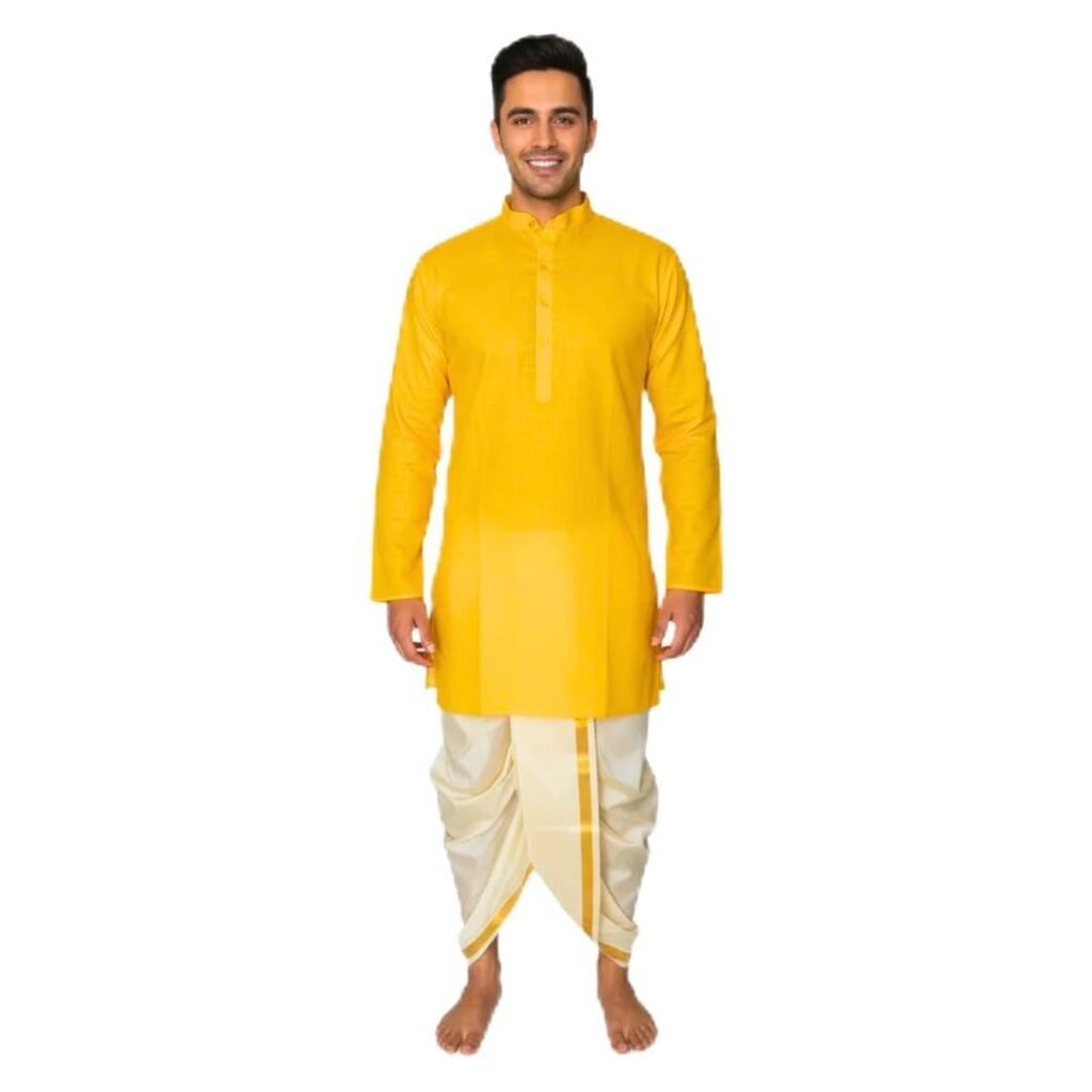 HALDI MEHENDI SHAADI Short Cotton Kurta for Men Mandarin Collar, Full Sleeves | Perfect Traditional Ethnicwear for Weddings, Haldi, Diwali, Pooja, Festivals (Large, Mango Yellow) - MAIN