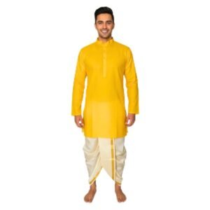 HALDI MEHENDI SHAADI Short Cotton Kurta for Men Mandarin Collar, Full Sleeves | Perfect Traditional Ethnicwear for Weddings, Haldi, Diwali, Pooja, Festivals (Large, Mango Yellow) - MAIN
