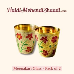HALDI MEHENDI SHAADI Pack of 2 Meenakari Brass Glass for Royal Floral Handpainted Design, Dinner, Bhagwan ka Prasad, Diwali Home Decoration, Pooja ke Bartan - PT03