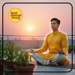 HALDI MEHENDI SHAADI Short Cotton Kurta for Men Mandarin Collar, Full Sleeves | Perfect Traditional Ethnicwear for Weddings, Haldi, Diwali, Pooja, Festivals (Large, Mango Yellow) - PT03