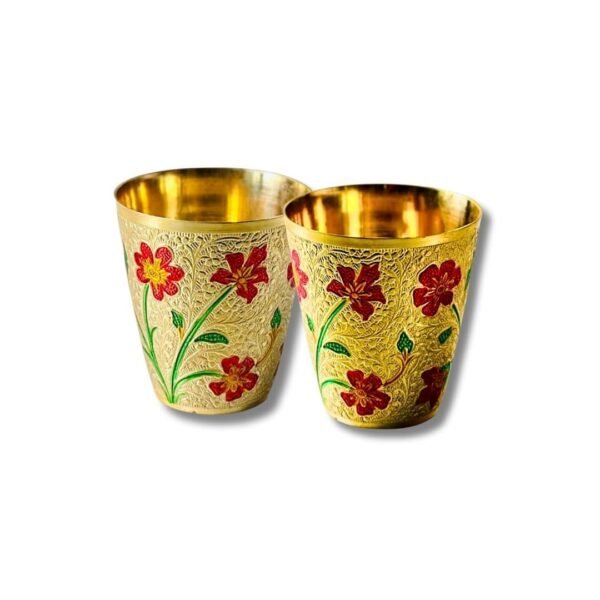 HALDI MEHENDI SHAADI Pack of 2 Meenakari Brass Glass for Royal Floral Handpainted Design, Dinner, Bhagwan ka Prasad, Diwali Home Decoration, Pooja ke Bartan