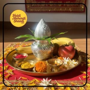 HALDI MEHENDI SHAADI 300ml German Silver White Metal Kalash Nariyal Set| Pooja for Griha Pravesh, Diwali Shagun, Mandir(9cm) Mandir Return Gift Lota (9cm)|Prosperity Puja Decor - PT01
