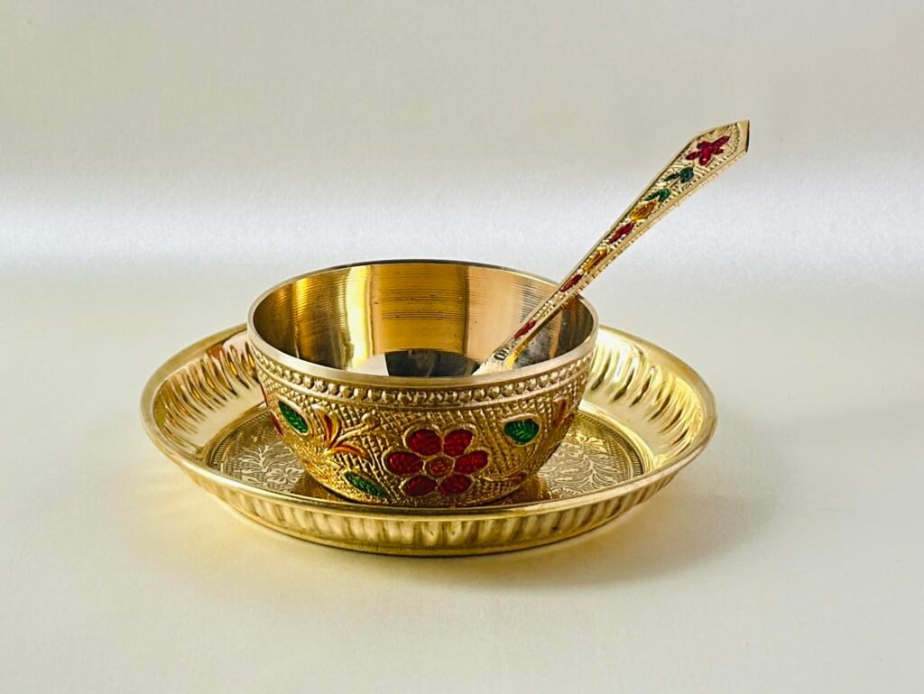 HALDI MEHENDI SHAADI Meenakari Brass Prasad Thali Set 3 Items - Thali Katori Spoon for Royal Dinner Set Bhagwan ka Prasad in Diwali, Weddings, Birthday Return Gift