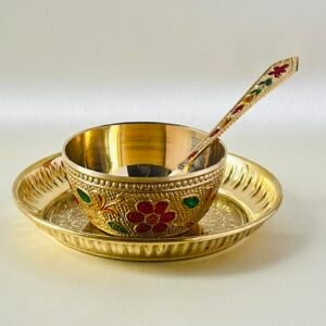 HALDI MEHENDI SHAADI Meenakari Brass Prasad Thali Set 3 Items - Thali Katori Spoon for Royal Dinner Set Bhagwan ka Prasad in Diwali, Weddings, Birthday Return Gift
