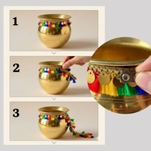 HALDI MEHENDI SHAADI Brass Kalash 500ml for Krishna Pooja, Ganesh Lakshmi Poojan, Diwali Decoration Mandir, Wedding Return Gift Lota Kalasam Chembu (10cm) Decorated with Lace - PT01