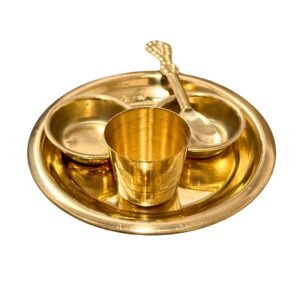 HALDI MEHENDI SHAADI Mini Brass Prasad Thali Set 5 Items- Thali 2 Katori Glass Spoon for Balgopal, Krishnaji Prasad Small mandir