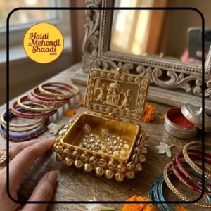 HALDI MEHENDI SHAADI Antique Gold Metal Gift Box | Jewellery Box Organizer for Women for Trinkets, Gold Coin, Cash, Return Gift, Shagun, Trousseau, Vanity Kit, Pooja Storage (Small, 1, count) - PT01