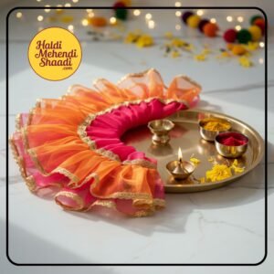 HALDI MEHENDI SHAADI 20 inch Traditional Decorative Aarti Thali Cover with Golden Border for Haldi Wedding Ceremonies, Puja Rituals, Thaal Cover Table Decor (Pink Orange) - PT02