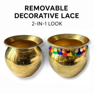 HALDI MEHENDI SHAADI Brass Kalash 500ml for Krishna Pooja, Ganesh Lakshmi Poojan, Diwali Decoration Mandir, Wedding Return Gift Lota Kalasam Chembu (10cm) Decorated with Lace - PT03