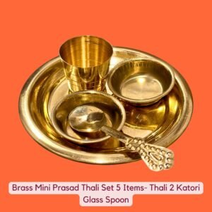 HALDI MEHENDI SHAADI Mini Brass Prasad Thali Set 5 Items- Thali 2 Katori Glass Spoon for Balgopal, Krishnaji Prasad Small mandir - PT02