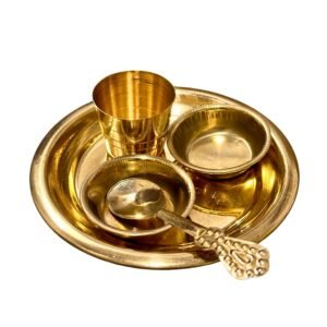 HALDI MEHENDI SHAADI Mini Brass Prasad Thali Set 5 Items- Thali 2 Katori Glass Spoon for Balgopal, Krishnaji Prasad Small mandir - PT03