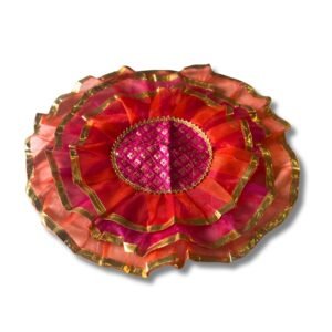 HALDI MEHENDI SHAADI 20 inch Traditional Decorative Aarti Thali Cover with Golden Border for Haldi Wedding Ceremonies, Puja Rituals, Thaal Cover Table Decor (Pink Orange)
