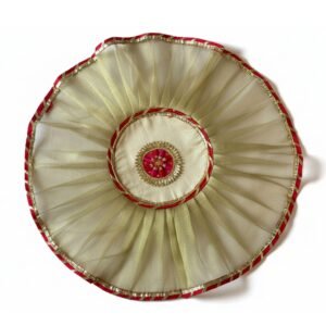 HALDI MEHENDI SHAADI 19 inch Aarti Thaali Cover, Thaal Cover | Organza with Golden Border for Wedding Gift Festivals puja Table Decoration Ideas | Round Aasan Kapda (Golden)