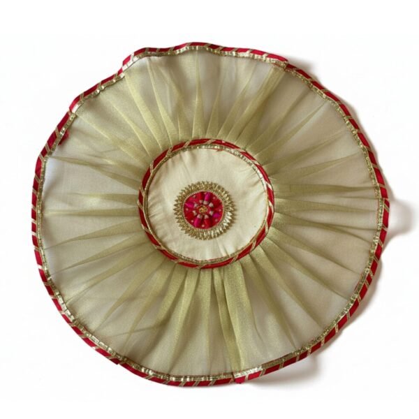 HALDI MEHENDI SHAADI 19 inch Aarti Thaali Cover, Thaal Cover | Organza with Golden Border for Wedding Gift Festivals puja Table Decoration Ideas | Round Aasan Kapda (Golden)