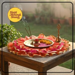 HALDI MEHENDI SHAADI 20 inch Traditional Decorative Aarti Thali Cover with Golden Border for Haldi Wedding Ceremonies, Puja Rituals, Thaal Cover Table Decor (Pink Orange) - PT01