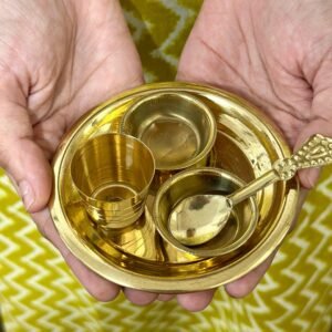 HALDI MEHENDI SHAADI Mini Brass Prasad Thali Set 5 Items- Thali 2 Katori Glass Spoon for Balgopal, Krishnaji Prasad Small mandir - PT01
