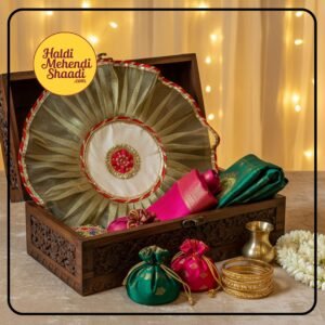 HALDI MEHENDI SHAADI 19 inch Aarti Thaali Cover, Thaal Cover | Organza with Golden Border for Wedding Gift Festivals puja Table Decoration Ideas | Round Aasan Kapda (Golden) - PT03