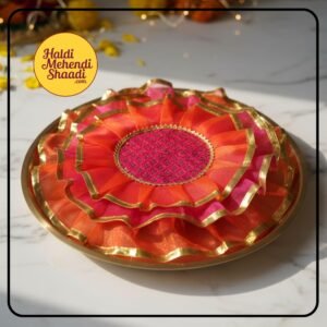 HALDI MEHENDI SHAADI 20 inch Traditional Decorative Aarti Thali Cover with Golden Border for Haldi Wedding Ceremonies, Puja Rituals, Thaal Cover Table Decor (Pink Orange) - PT03