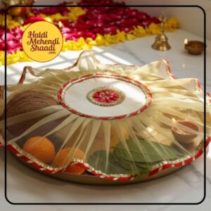HALDI MEHENDI SHAADI 19 inch Aarti Thaali Cover, Thaal Cover | Organza with Golden Border for Wedding Gift Festivals puja Table Decoration Ideas | Round Aasan Kapda (Golden) - PT01