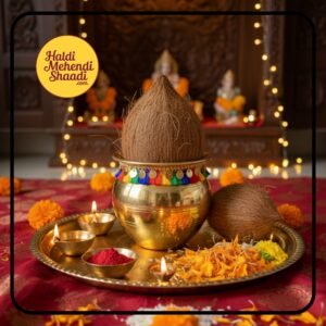 HALDI MEHENDI SHAADI Brass Kalash 500ml for Krishna Pooja, Ganesh Lakshmi Poojan, Diwali Decoration Mandir, Wedding Return Gift Lota Kalasam Chembu (10cm) Decorated with Lace - PT02