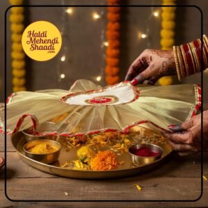 HALDI MEHENDI SHAADI 19 inch Aarti Thaali Cover, Thaal Cover | Organza with Golden Border for Wedding Gift Festivals puja Table Decoration Ideas | Round Aasan Kapda (Golden) - PT02