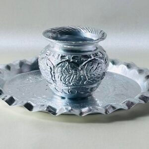 HALDI MEHENDI SHAADI Thali + Kalash in White Metal German Silver for Krishna Pooja, Ganesh Lakshmi Poojan in Diwali Decoration Mandir Wedding Return Gift