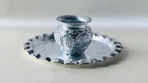 HALDI MEHENDI SHAADI Thali + Kalash in White Metal German Silver for Krishna Pooja, Ganesh Lakshmi Poojan in Diwali Decoration Mandir Wedding Return Gift