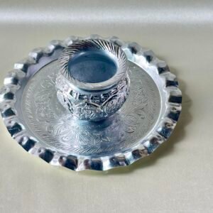 HALDI MEHENDI SHAADI Thali + Kalash in White Metal German Silver for Krishna Pooja, Ganesh Lakshmi Poojan in Diwali Decoration Mandir Wedding Return Gift