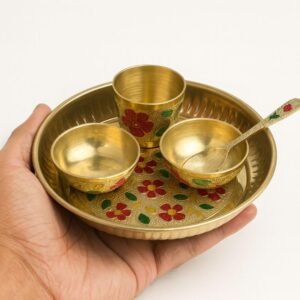 HALDI MEHENDI SHAADI Mini Brass Meenakari Prasad Thali Set 5 Items- Mini Thali 2 Katori Glass Spoon for Balgopal, Krishnaji Prasad Small mandir, Kids Play First Birthday Gift