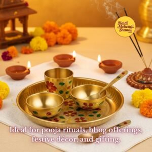 HALDI MEHENDI SHAADI Mini Brass Meenakari Prasad Thali Set 5 Items- Mini Thali 2 Katori Glass Spoon for Balgopal, Krishnaji Prasad Small mandir, Kids Play First Birthday Gift
