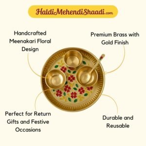 HALDI MEHENDI SHAADI Mini Brass Meenakari Prasad Thali Set 5 Items- Mini Thali 2 Katori Glass Spoon for Balgopal, Krishnaji Prasad Small mandir, Kids Play First Birthday Gift