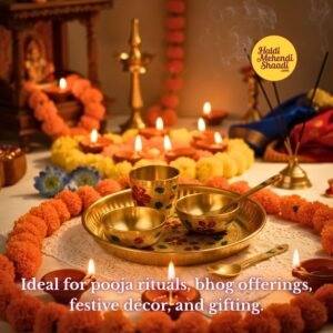 HALDI MEHENDI SHAADI Mini Brass Meenakari Prasad Thali Set 5 Items- Mini Thali 2 Katori Glass Spoon for Balgopal, Krishnaji Prasad Small mandir, Kids Play First Birthday Gift