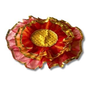 HALDI MEHENDI SHAADI 20 inch Traditional Decorative Aarti Thali Cover with Golden Border for Haldi Wedding Ceremonies, Puja Rituals, Thaal Cover Table Decor (Red Yellow)