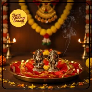HALDI MEHENDI SHAADI 20 inch Traditional Decorative Aarti Thali Cover with Golden Border for Haldi Wedding Ceremonies, Puja Rituals, Thaal Cover Table Decor (Red Yellow)