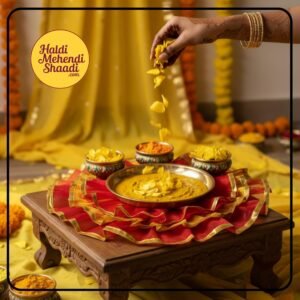 HALDI MEHENDI SHAADI 20 inch Traditional Decorative Aarti Thali Cover with Golden Border for Haldi Wedding Ceremonies, Puja Rituals, Thaal Cover Table Decor (Red Yellow)