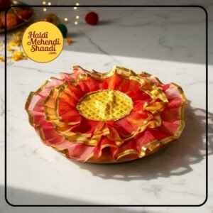 HALDI MEHENDI SHAADI 20 inch Traditional Decorative Aarti Thali Cover with Golden Border for Haldi Wedding Ceremonies, Puja Rituals, Thaal Cover Table Decor (Red Yellow)