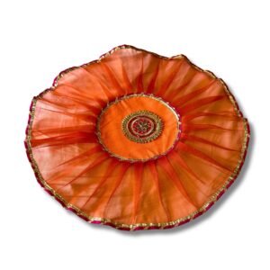 HALDI MEHENDI SHAADI 19 inch Aarti Thaali Cover, Thaal Cover | Organza with Golden Border for Wedding Gift Festivals puja Table Decoration Ideas | Round Aasan Kapda (Orange)