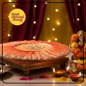HALDI MEHENDI SHAADI 19 inch Aarti Thaali Cover, Thaal Cover | Organza with Golden Border for Wedding Gift Festivals puja Table Decoration Ideas | Round Aasan Kapda (Orange)