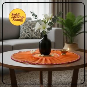 HALDI MEHENDI SHAADI 19 inch Aarti Thaali Cover, Thaal Cover | Organza with Golden Border for Wedding Gift Festivals puja Table Decoration Ideas | Round Aasan Kapda (Orange)