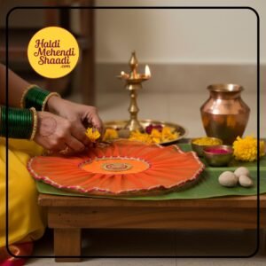 HALDI MEHENDI SHAADI 19 inch Aarti Thaali Cover, Thaal Cover | Organza with Golden Border for Wedding Gift Festivals puja Table Decoration Ideas | Round Aasan Kapda (Orange)