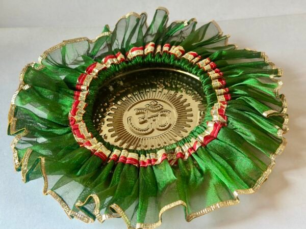 HALDI MEHENDI SHAADI 22 cm Brass Decorative Aarti Thali + Cover with Golden Border for Haldi Wedding Ceremonies, Puja Rituals, Thaal Cover Table Decor Diwali Holi (Green)