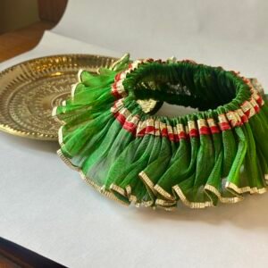 HALDI MEHENDI SHAADI 22 cm Brass Decorative Aarti Thali + Cover with Golden Border for Haldi Wedding Ceremonies, Puja Rituals, Thaal Cover Table Decor Diwali Holi (Green)