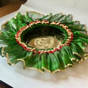 HALDI MEHENDI SHAADI 22 cm Brass Decorative Aarti Thali + Cover with Golden Border for Haldi Wedding Ceremonies, Puja Rituals, Thaal Cover Table Decor Diwali Holi (Green)