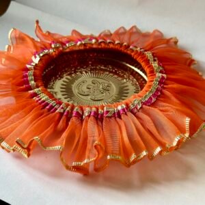 HALDI MEHENDI SHAADI 22 cm Brass Decorative Aarti Thali + Cover with Golden Border for Haldi Wedding Ceremonies, Puja Rituals, Thaal Cover Table Decor Diwali Holi (Orange)